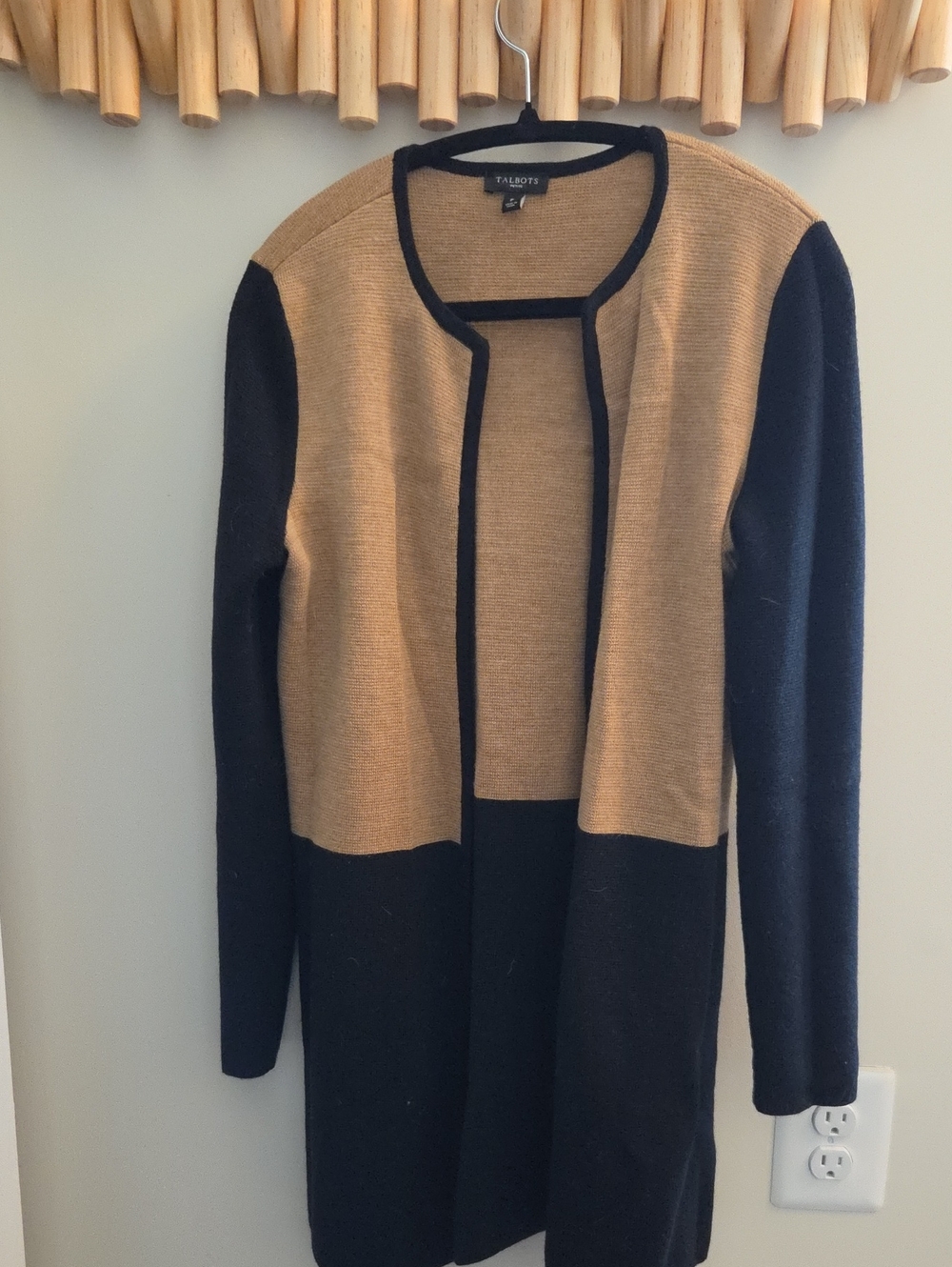 Talbots Camel and Black Wool Blend Colorblock Cardigan